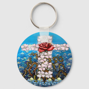 Chaveiro Cruz Floral Rosa