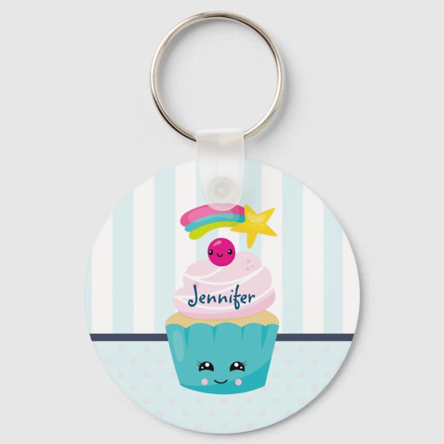 Chaveiro Cupcake azul-bonito com a face Kawaii (Frente)
