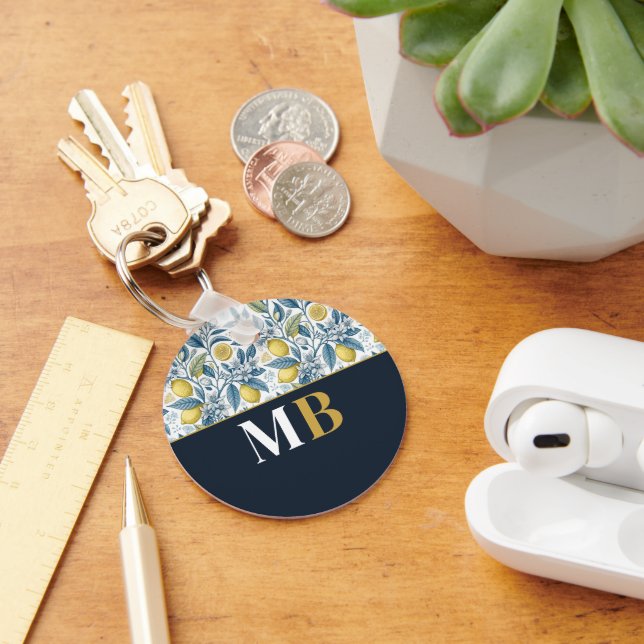 Chaveiro Custom Elegant Mediterranean Lemon Botanical Navy (Mesa)