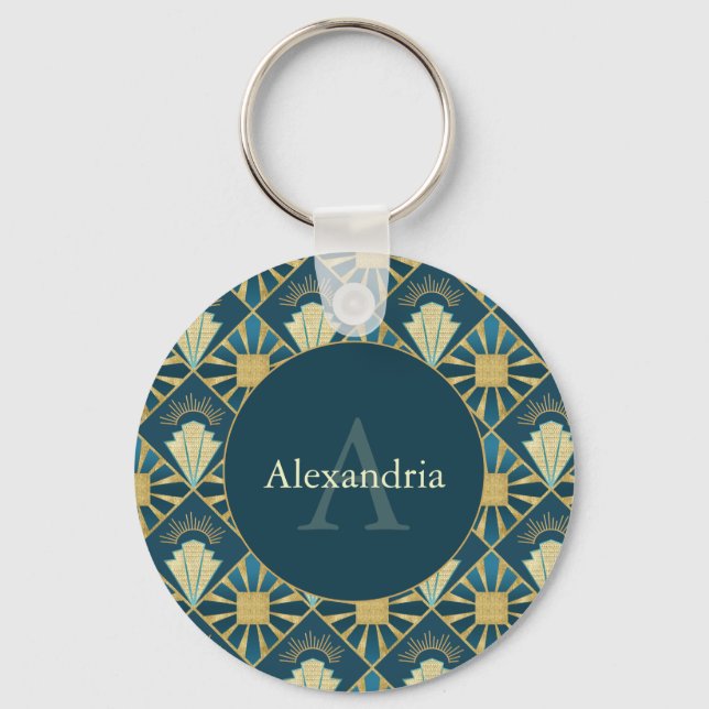 Chaveiro Custom Name & Monogram Art Deco Teal & Gold (Frente)