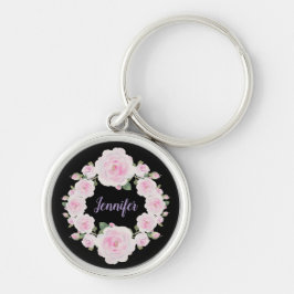 Chaveiro Custom Name, Soft Pink Roses Wreath Metal Keychain
