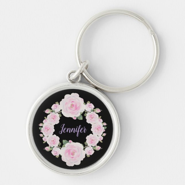 Chaveiro Custom Name, Soft Pink Roses Wreath Metal Keychain (Frente)