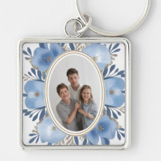 Chaveiro “Custom Photo Keychain – Blue Floral Personalized 