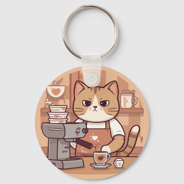 Chaveiro Cute and Funny Cozy Cartoon Barista Cat  (Frente)