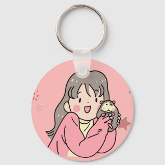 Chaveiro Cute Anime Girl Hugging Opossum Keychain - Kawaii 