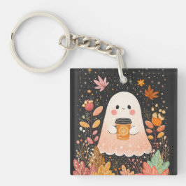Chaveiro Cute Autumn Ghost with Pumpkin Coffee – Cozy Fall 