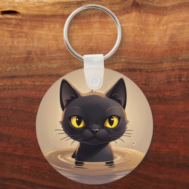 Chaveiro Cute Black Cat Swimming Decorative Art (Verso)
