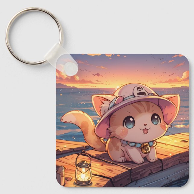 Chaveiro Cute Chibi Kitten at the Harbor Sunset – Whimsical (Frente)