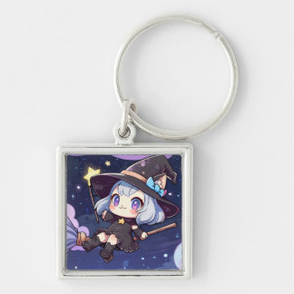 Chaveiro Cute Chibi Witch Flying in the Night Sky