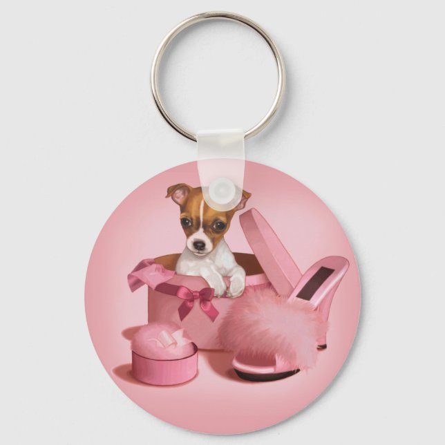 Chaveiro Cute Chihuahua Puppy no Hatbox (Frente)