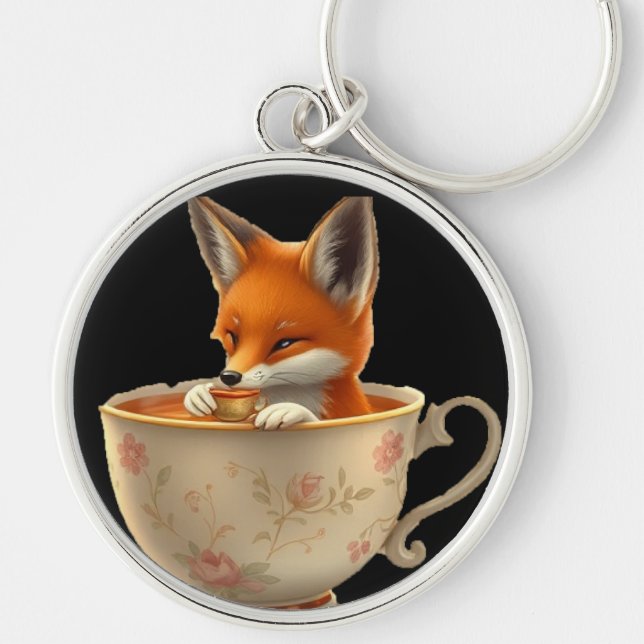 Chaveiro Cute Fox Drinking Tea on Keychain (Frente)