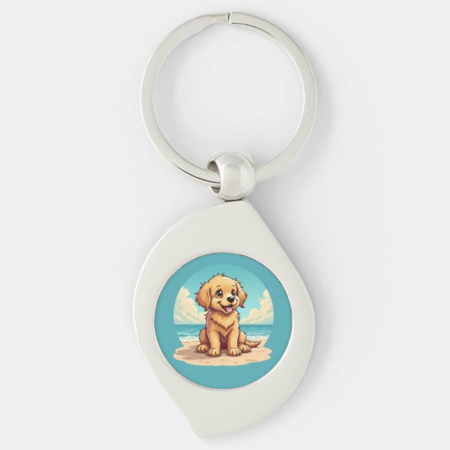 Chaveiro Cute Golden Puppy at Sunny Beach Scene (Frente)