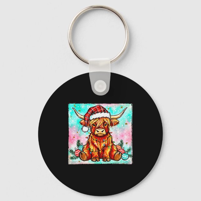 Chaveiro Cute Highland Cow Christmas Lights Merry Xmas Cows (Frente)