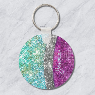 Chaveiro Cute iridescent purple teal faux glitter monogram
