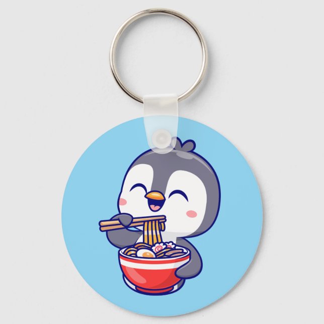 Chaveiro Cute Kawaii Penguin Eating Ramen Bowl (Frente)