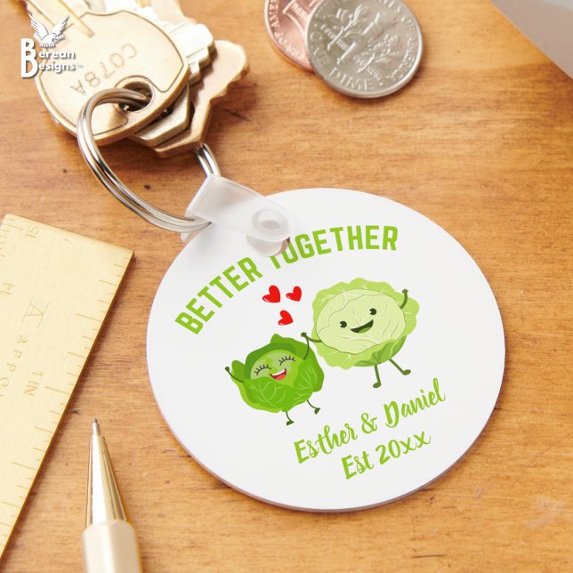 Chaveiro Cute Personalized Kawaii Cabbage Valentine Couples (Fun BETTER TOGETHER cabbage Valentine keyring with cute kawaii cabbage heads. Incl personalization.)