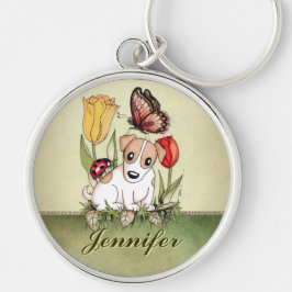 Chaveiro Cute Puppy com Borboleta, Ladybug e Tulipas