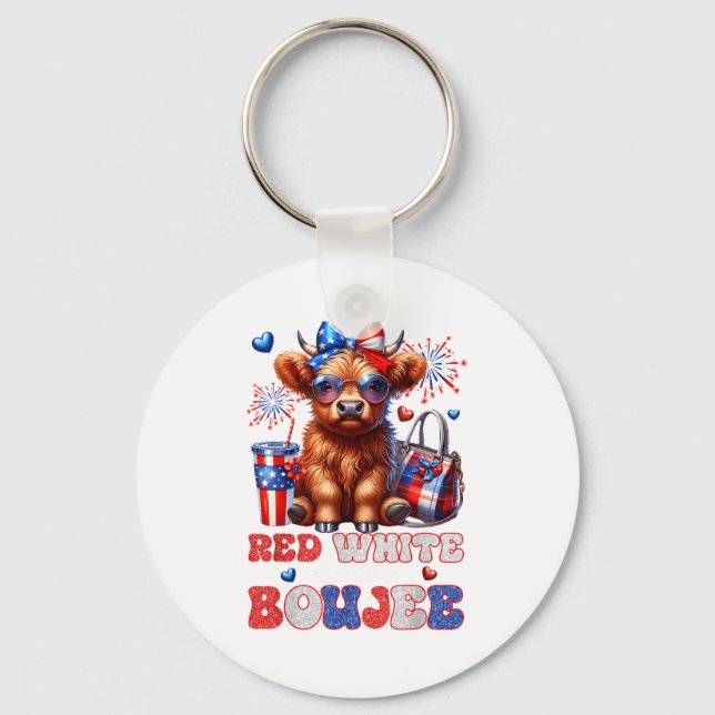 Chaveiro Cute Red White And Boujee Highland Cow 4th Of July (Frente)