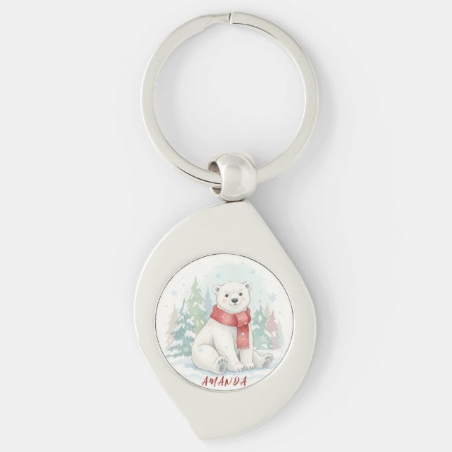 Chaveiro Cute watercolor Polar Bear Winter  (Frente)