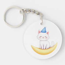 Chaveiro Cute White Kitten on Moon Acrylic Keychain