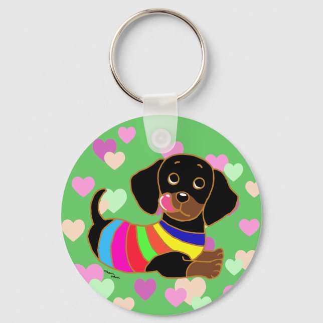 Chaveiro Dachshund Cartoon 2 Hearts (Frente)