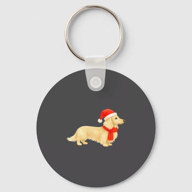 Chaveiro Dachshund de Natal de Cabelo Comprido Creme Com Ch (Frente)
