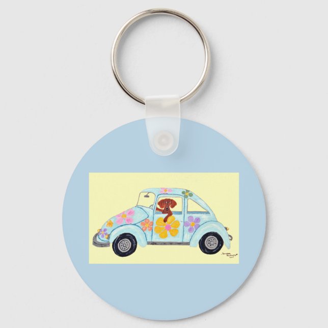 Chaveiro Dachshund em carro Hippie  (Frente)