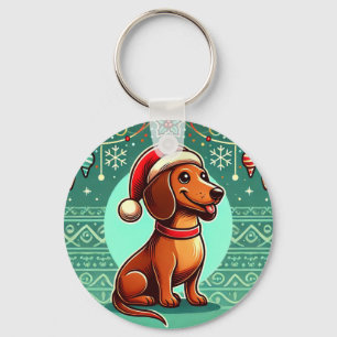 Chaveiro Dachshund Festivo Usando Chapéu de Papai Noel