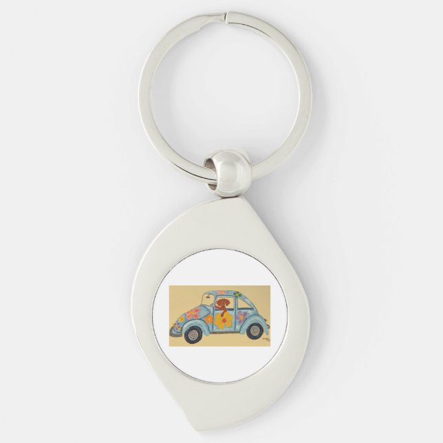 Chaveiro Dachshund no carro hippie (Frente)