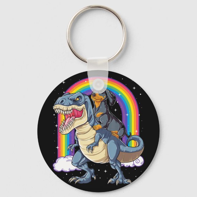 Chaveiro Dachshund Riding Dinosaur T Rex Difs Rapazes (Frente)