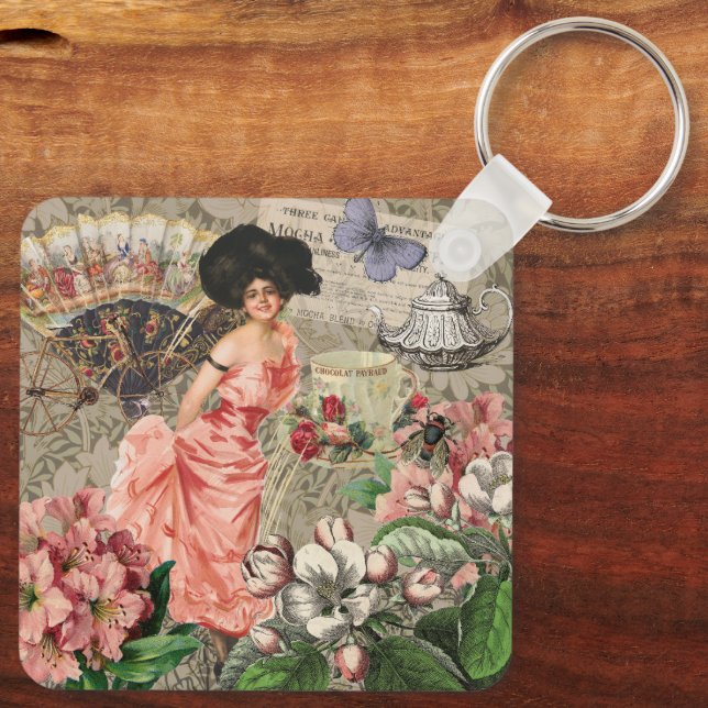 Chaveiro Dama do Café Mulher Vitoriana Rosa Vestido Rico (Verso)
