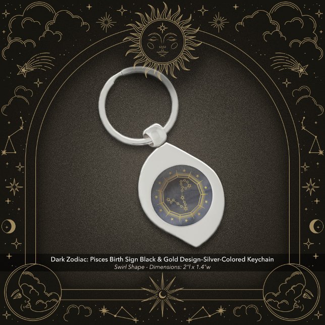 Chaveiro Dark Zodiac: Pisces Birth Sign Black & Gold (Dark Zodiac: Pisces Birth Sign Silver-Colored Key Chain with Black & Gold Design.)