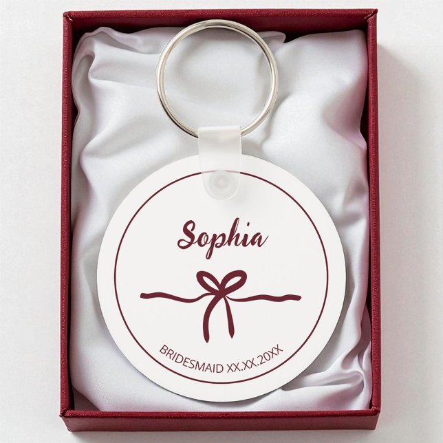 Chaveiro Data do Nome Moderno do Script Bridesmaid do Arco  (Burgundy Bow Bridesmaid Script Modern Name Date Keychain)