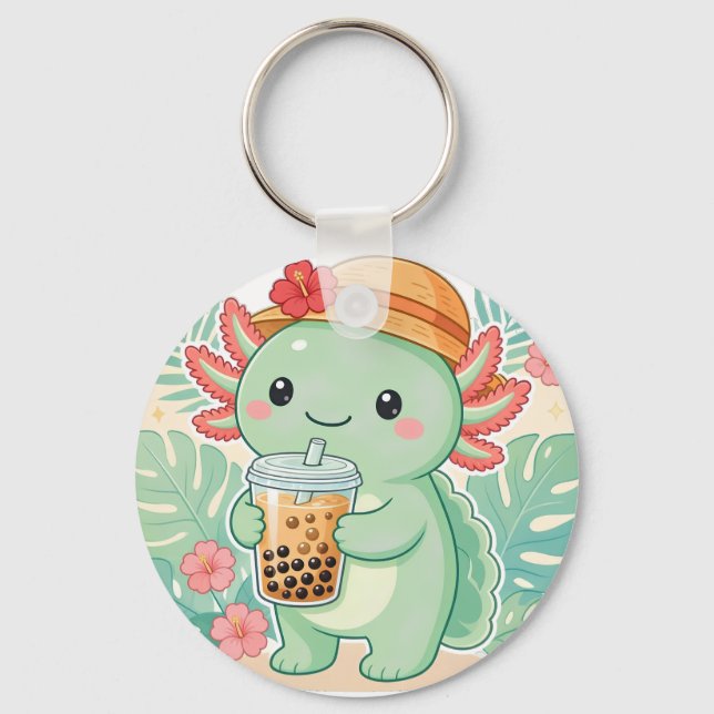 Chaveiro de Axolote Verde Kawaii Bebendo Chá de Bo (Frente)