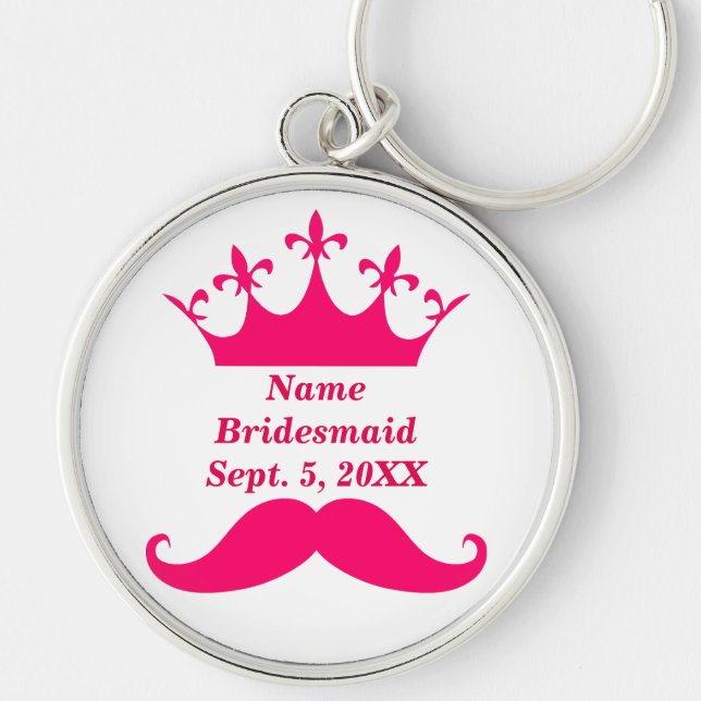 Chaveiro de Bridesmaid Pink Mustache e Tiara Round (Frente)