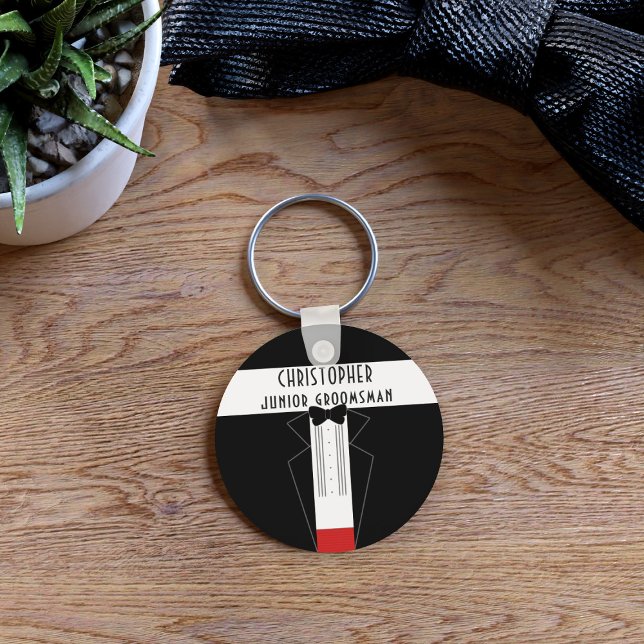 Chaveiro de Casamento Junior Groomsman Smoking (Add your Junior Groomsman name to this cute black tuxedo keychain)
