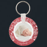 Chaveiro de Fotografia Personalizada e Bonita<br><div class="desc">O chaveiro de botão redondo apresenta a sua foto favorita rodeada de folhas brancas, bagas e pontos em um fundo vermelho texturizado. DICA: Carregue uma foto de alta resolução que mostre seu bebê no meio - você pode ir para um quadrado também. Chaveiros fazem presentes memoráveis para família, avós e...</div>