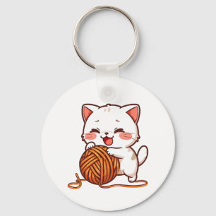 Chaveiro de Gatinho Branco Kawaii com Bola de Lã