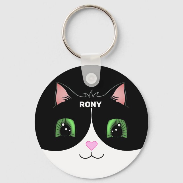 Chaveiro de Gato Tuxedo Preto e Branco com Rosto F (Frente)