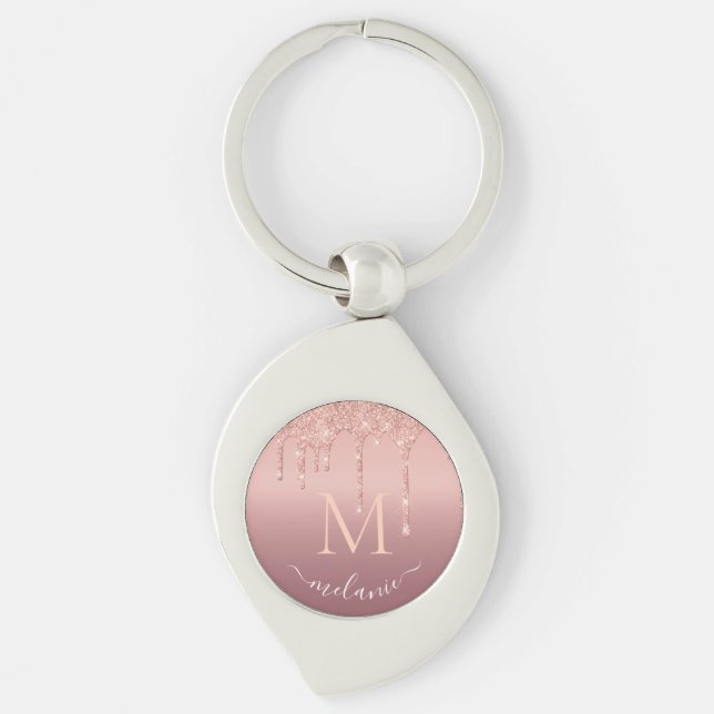 Chaveiro de Glitter Dourado Rosa com Nome Monogram (Frente)