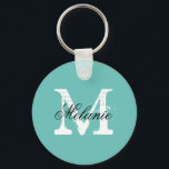 Chaveiro de monograma com nome azul de turquesa pe<br><div class="desc">Chaveiro de monograma personalizado com nome azul de turquesa. Letra inicial Vintage com tipografia de script elegante. Boa ideia de presente para mulheres e meninas da moda. Faça seu próprio monograma presente para na moda de casamento, chá de panela, solteira, final de semana das meninas, noivado, aniversário, aniversário etc. Divertido...</div>