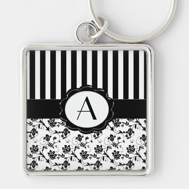 Chaveiro de Monograma Floral Branco e Preto (Frente)