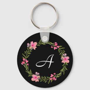 Chaveiro de Monograma Personalizado Floral Preto