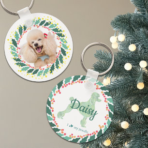Chaveiro de poodle rosa pastel de Natal com foto p