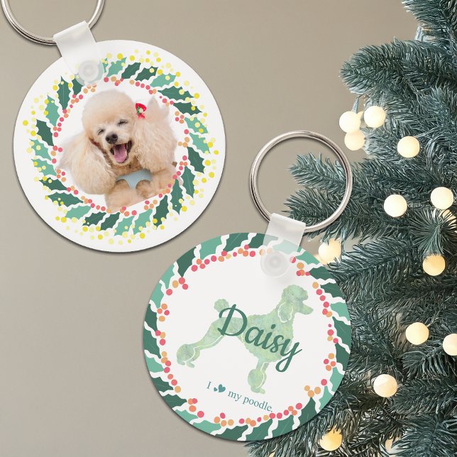 Chaveiro de poodle rosa pastel de Natal com foto p (Criador carregado)
