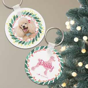 Chaveiro de poodle rosa pastel de Natal com foto p