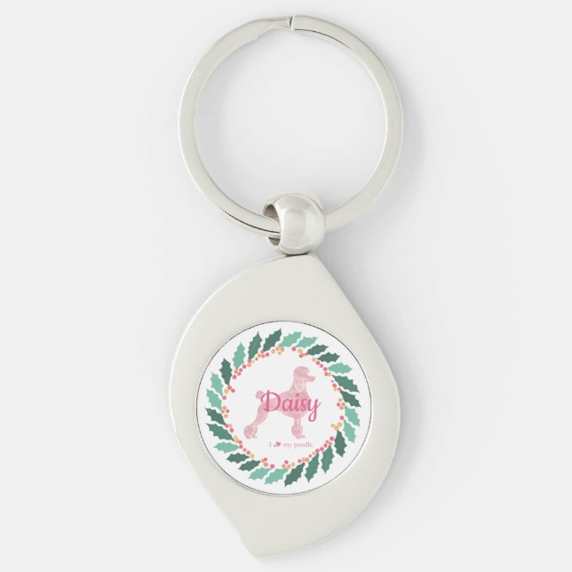 Chaveiro de poodle rosa pastel de Natal Nome Perso (Frente)