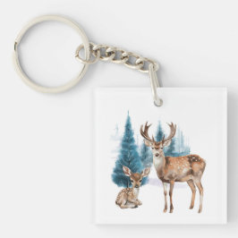 Chaveiro Deer and doe with snowy pine tree