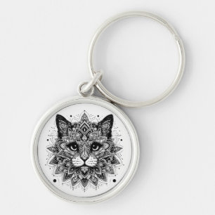 Chaveiro Desenho de Gato com Padrão Mandala