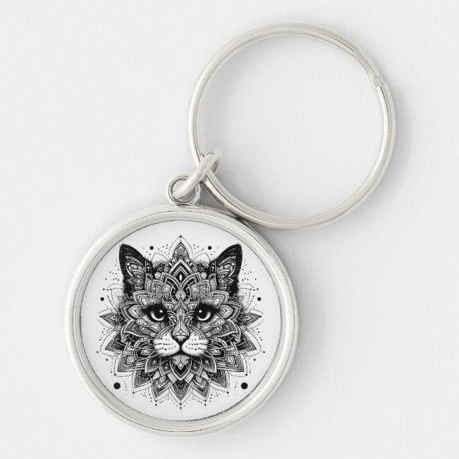 Chaveiro Desenho de Gato com Padrão Mandala (Frente)